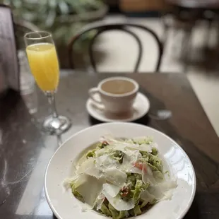 Linguini in Pesto, Coffee, Mimosa