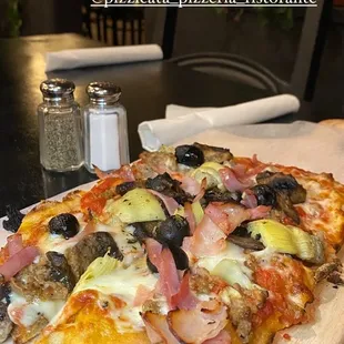 Pinsa Romana Capricciosa- This style pizza is a healthier alternative 48% less sugar, 85% less fat, no cholesterol.  My Fav!