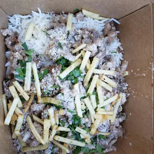 Stroganoff over rice. A bit dry.