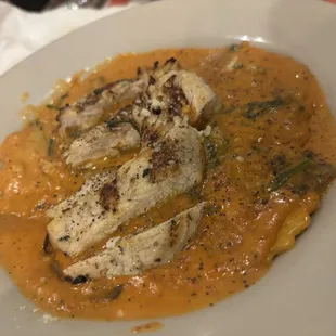 Grilled chicken with cheese ravioli
