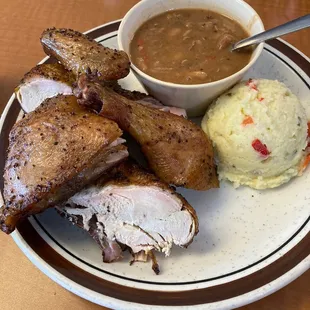 1/2 chicken with pinto beans and mustard potato salad $16