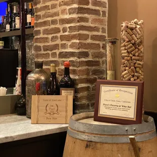 a wine barrel with a plaque on it