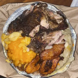 jerk chicken w/ chicken stew gravy + fried plantain, cabbage &amp; mac &amp; cheese