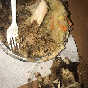 Jerk Chicken, rice and peas, cabbage