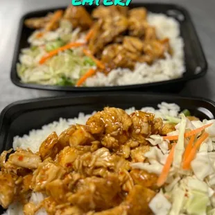 Chicken teriyaki bowls made with fresh chicken breast . Regular teriyaki and spicy sweet chili