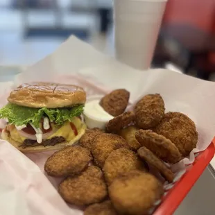 Angus beef cheeseburger with fried pickles