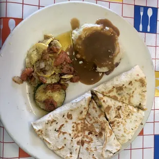Veggie Lunch Quesadillas with sauté veggies and mashed potatoes with gravy ($8.99 lunch special)
