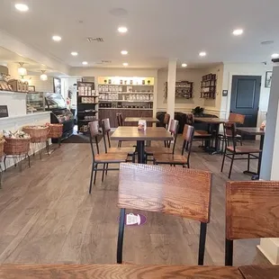 empty tables and chairs in a coffee shop