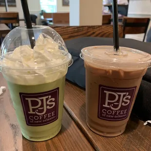 Green tea velvet ice and mocha latte