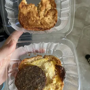 The inside of my "maple sausage egg and cheese"