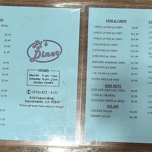 PJ's menu from 1/2023