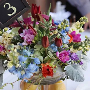 A Spring wedding centerpiece with succulent cactus, mini calla lilies, fragrant stock and freesia...