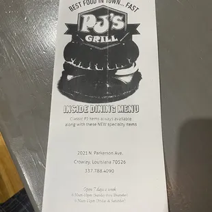 Menu and address to new spot