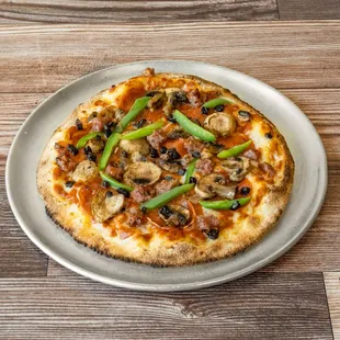 #2 Homemade Fennel Sausage, Pepperoni, Mushrooms, Bell Peppers, Dired Cured Moroccan Black Olives