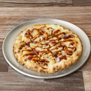 BBQ sauce, roasted chicken thigh, red onions, pineapple