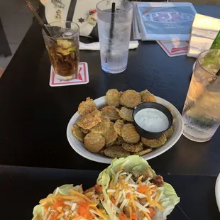 Chicken lettuce wraps comes with 4 &amp; fried pickles both very good