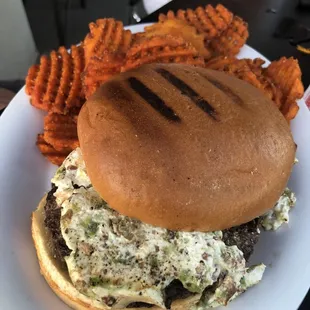 I think this the Ram burger? It's the peppered jam and cream cheese it was AMAZING I would get this every time.