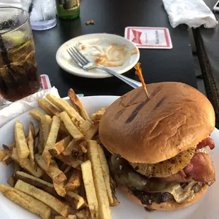 I forget the name of this but it comes with teriyaki sauce, pineapple, bacon &amp; onion rings SO good!