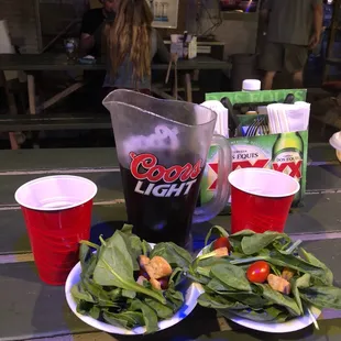 Our salad and pitcher of Ziegenbock