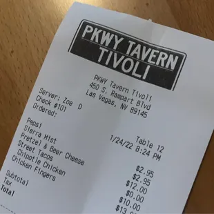 the receipt for the restaurant