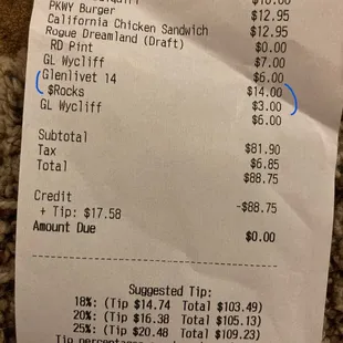 receipt for dinner and drinks for 2