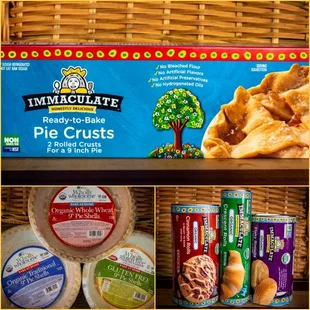 An assortment of ready-made pie crusts, cinnamon rolls, biscuits and crescent rolls!