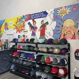 Hat selections for embroidery at Plain Insane Graphix, next to our custom wall decal