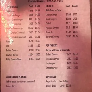 prices of the menu