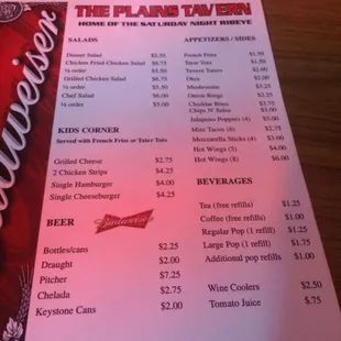 the menu for the plains tavern