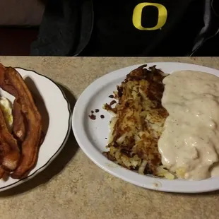 Eggs,perfect bacon &amp;hashbrowns,biscuits&amp;gravy,people saying theyre bland-you can ADD salt&amp;pepper, but you cant take it OUT