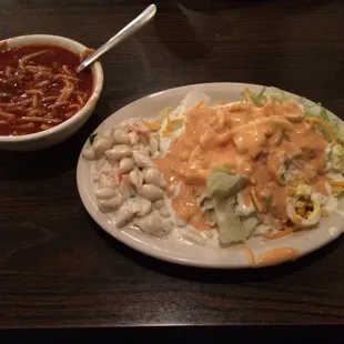 Spaghetti soup &amp; salad from the salad bar. Yum!