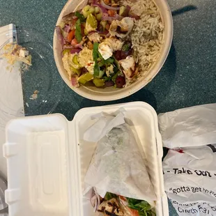 Chicken souvlaki bowl and pita