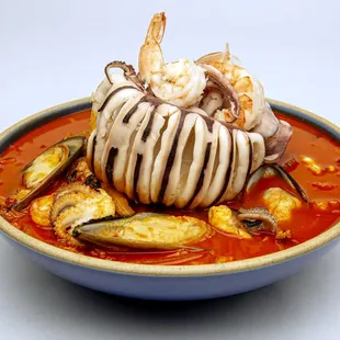 Korean traditional spicy seafood soup-seafood Jjam-ppong in bog bowl.