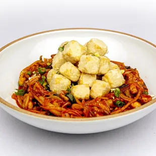 Stir-fried pork belly with deep fried cube tofu, vegetable, sweet &amp; spicy sauce.