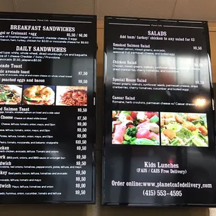 Menu - breakfast sandwiches, lunch sandwiches, salads