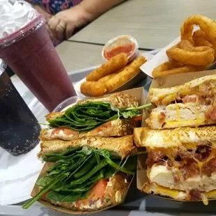 Chicken Bacon Ranch and Healthy grilled cheese with cheese sticks onion rings and Mux berries smoothie. DELISH !
