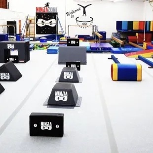 Gym equipment, floor, trampoline, bars, pit, rock wall, etc.