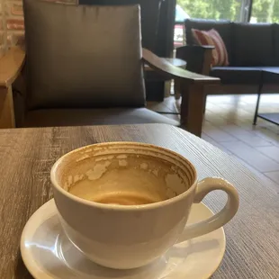 Cappuccino and interior of cafe