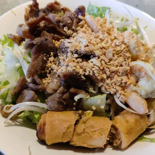 #57: grilled shrimps + BBQ pork + spring rolls on vermicelli
