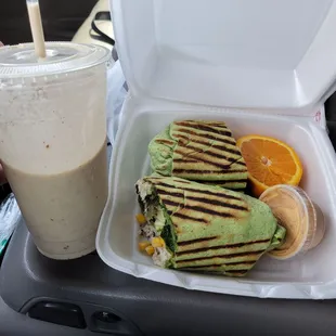 I got the peanut butter almond protein shake and chicken salad healthy wrap omg so bomb