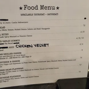 Food Menu available Thursday - Saturday only