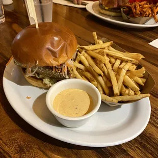 Seared ahi tuna burger with fries