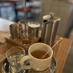 The hot tea set up. Lots of choices. I got the white tea, but they had 5 or 6 options.