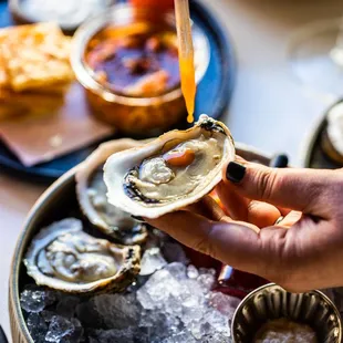 a person holding an oyster