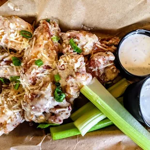 chicken wings, celery, and ranch dressing