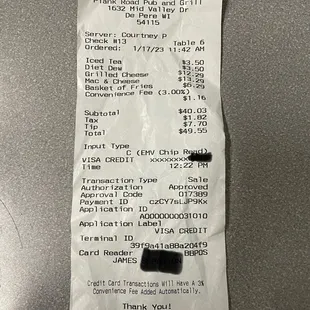 Lunch receipt for simple grilled cheese and bowl of Mac &amp; Cheese.