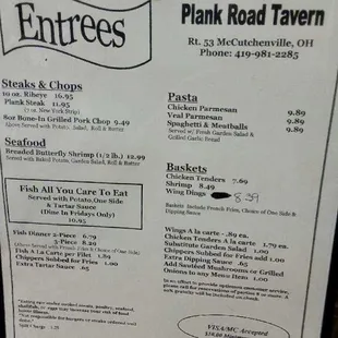 the menu for plank road tavern