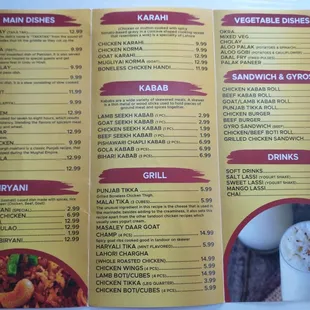 the menu of the restaurant
