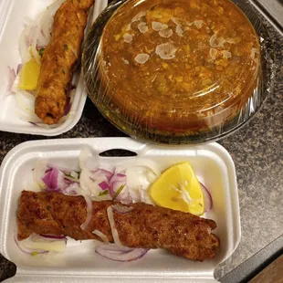 Chicken seekh, beef seekh and brains masala