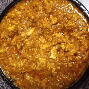 Close-up of brains masala.